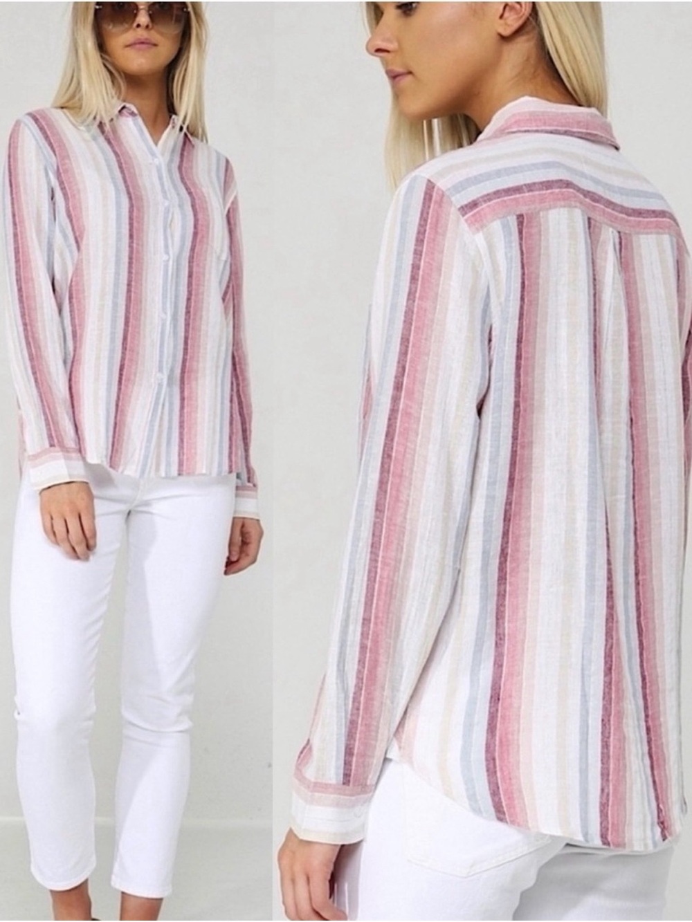 Rails Linen Striped Button-Down Shirt in Pink, White and Blue